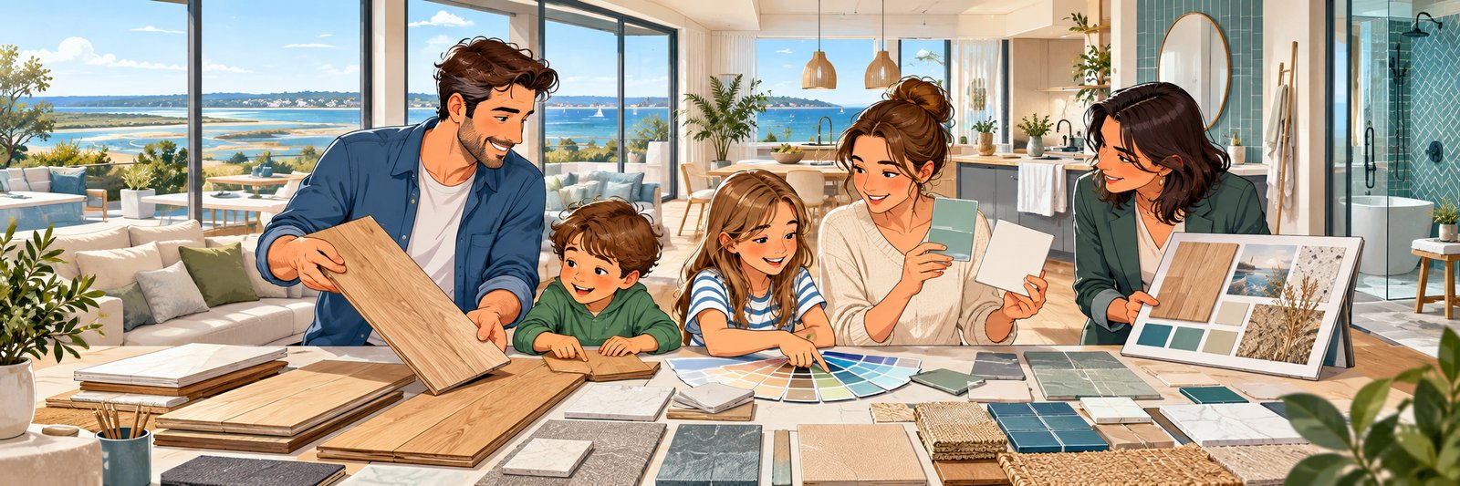 Une famille choisit les revêtements de sol et les finitions de son logement neuf