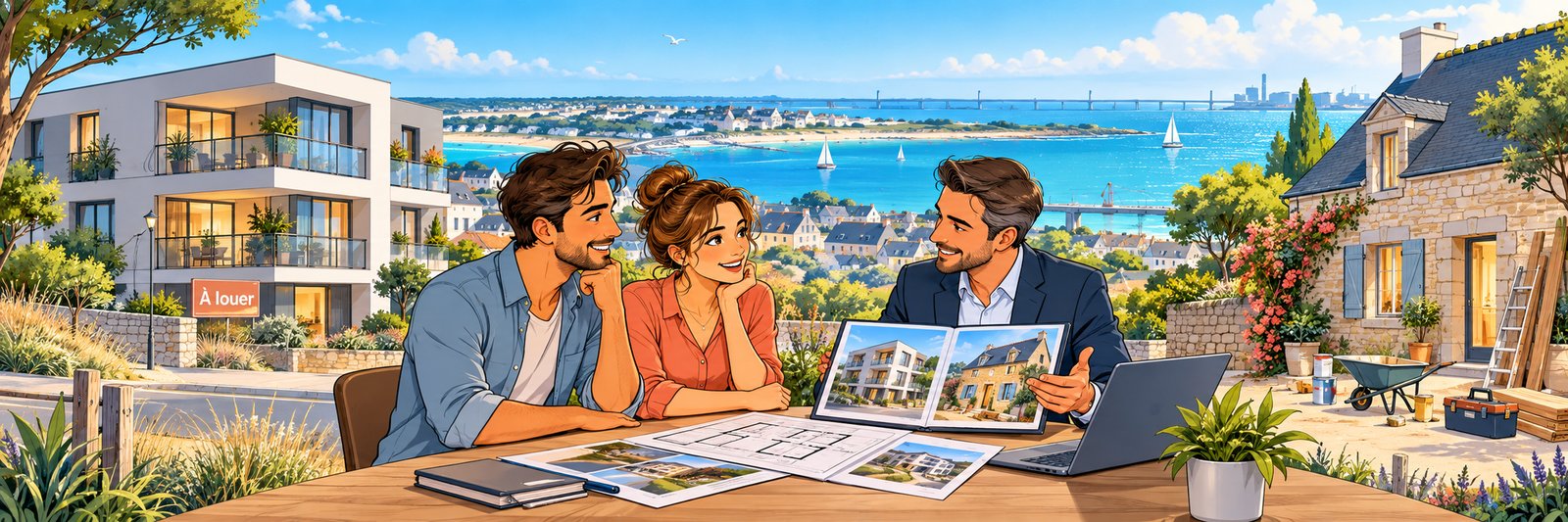 Un couple prépare son investissement locatif avec un conseiller, face à la baie de La Baule