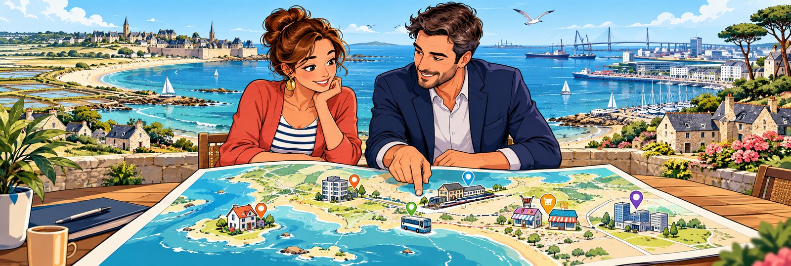 Deux investisseurs étudient une carte de la presqu’île de Guérande et de Saint-Nazaire pour choisir un emplacement
