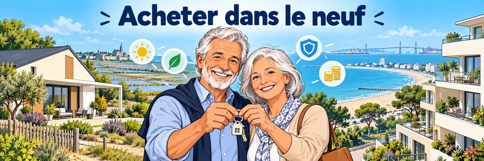 Un couple de retraités, clés en main, devant une résidence neuve face à la baie de La Baule