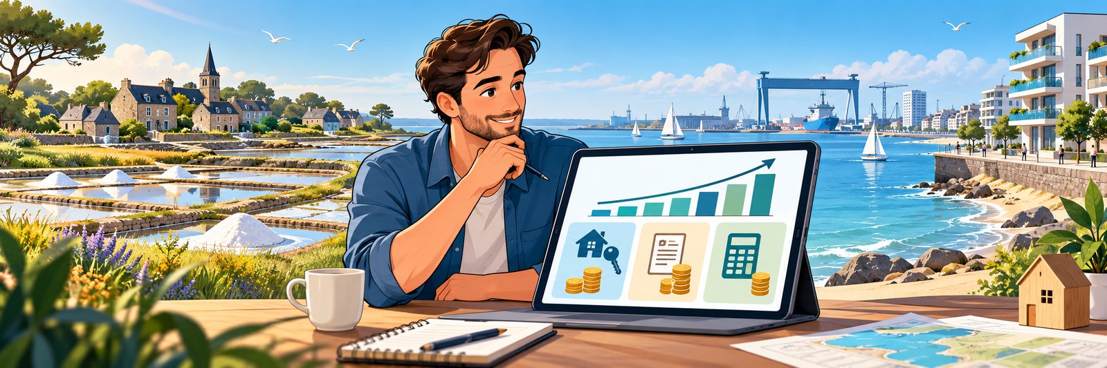 Un investisseur simule la rentabilité de son projet locatif sur tablette, devant les marais salants et le port de Saint-Nazaire